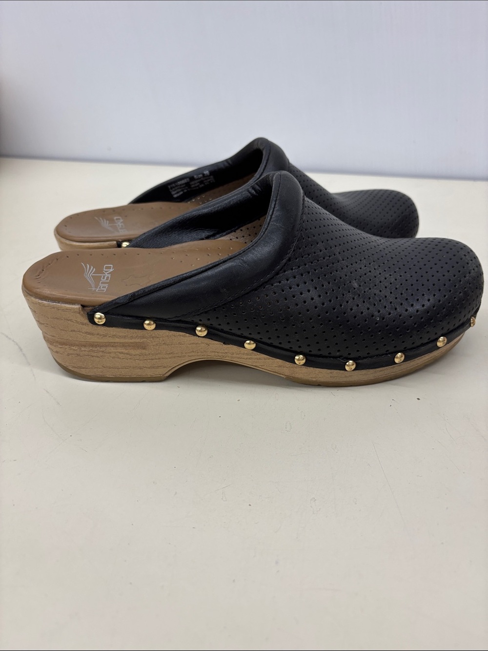 Dansko Black Perforated Leather Clogs with Gold Studs - Picture 3 of 8